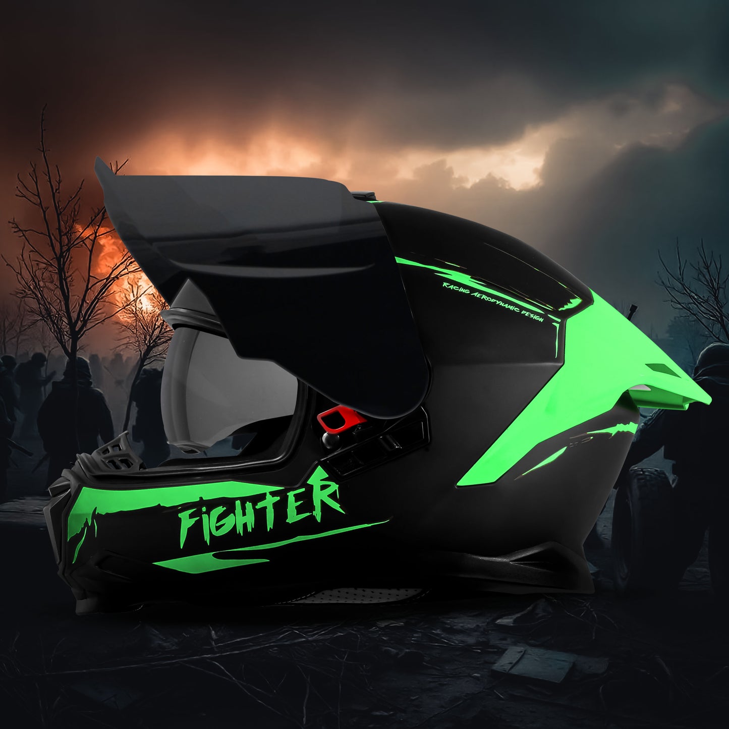Steelbird SBH-57 Fighter F2 Graphic Helmet ISI and DOT Certified Full Face Helmet for Men with Inner Silver Sun Shield (Glossy Black Green))