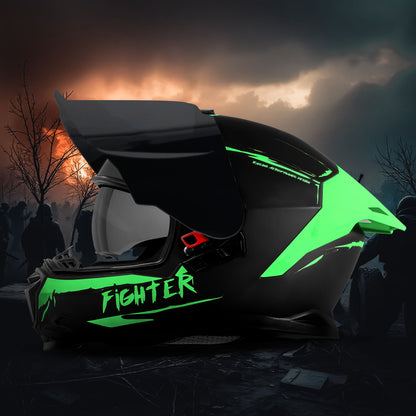 Steelbird SBH-57 Fighter F2 Graphic Helmet ISI and DOT Certified Full Face Helmet for Men with Inner Silver Sun Shield (Glossy Black Green))
