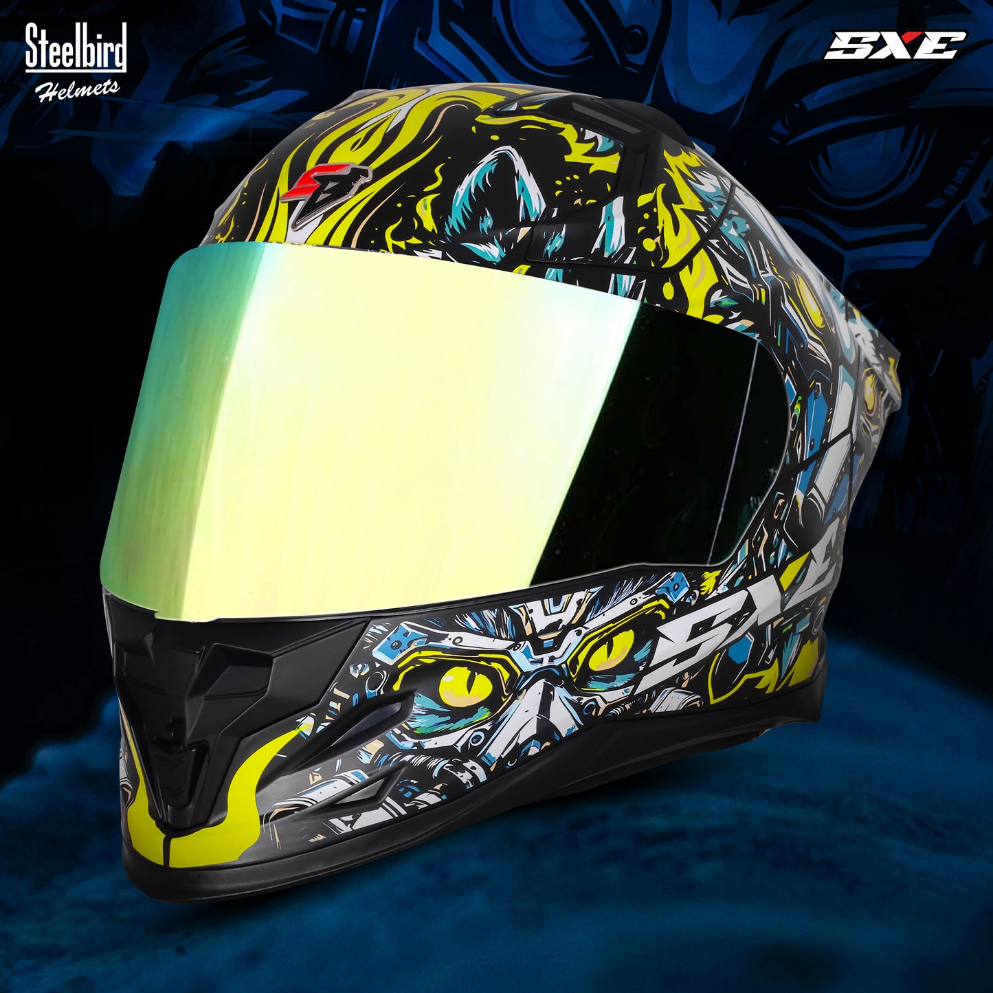 Steelbird SBH-61 SXE X1 ISI and Dot Certified Full Face Helmet for Men with Inner Silver Sunshield .Clear Visor With Extra Chrome.