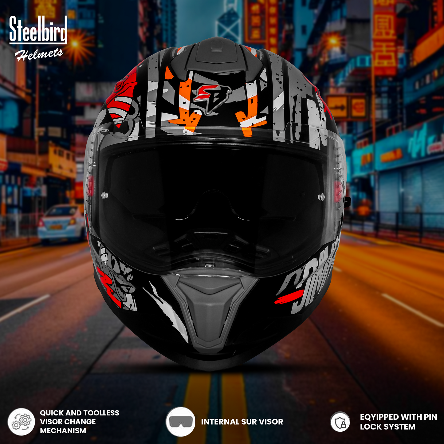Steelbird SBH-57 Fighter F10 Graphic Helmet ISI and DOT Certified Full Face Helmet for Men with Inner Silver Sun Shield (Glossy Black White Red)