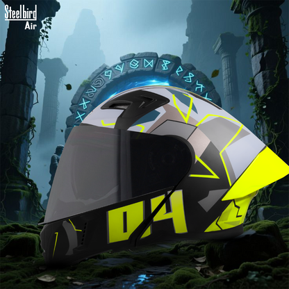 Steelbird SBA-20 04  ISI Certified Flip-Up Graphic Helmet for Men and Women with Inner Chrome Sun Shield .(Glossy Black Neon with Smoke Visor).