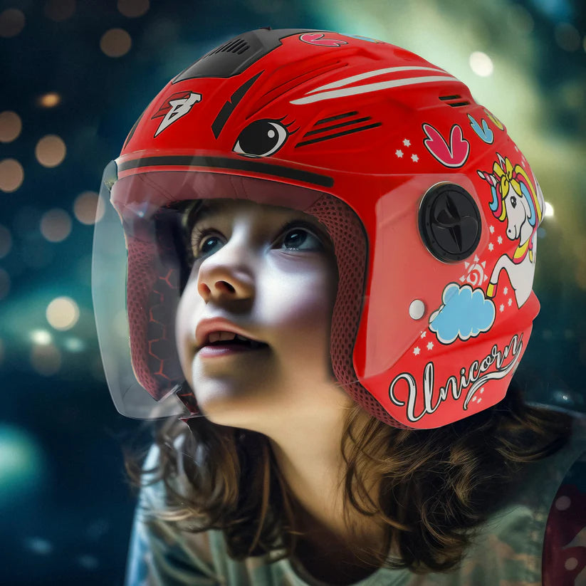 Steelbird SBA-6 Unicorn ISI Certified Open Face Graphic Helmet for Women and Kids (Matt Red with Clear Visor) Regular.