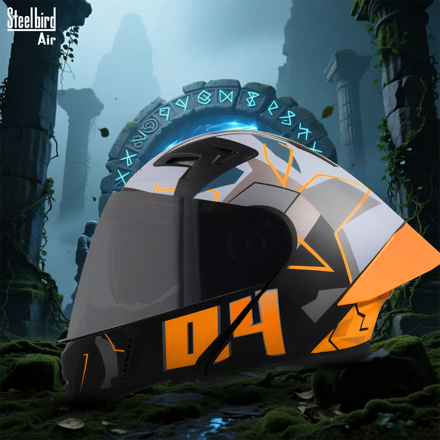 Steelbird SBA-20 04 ISI Certified Flip-Up Graphic Helmet for Men and Women with Inner Chrome Sun Shield .(Glossy Black Orange with Smoke Visor).