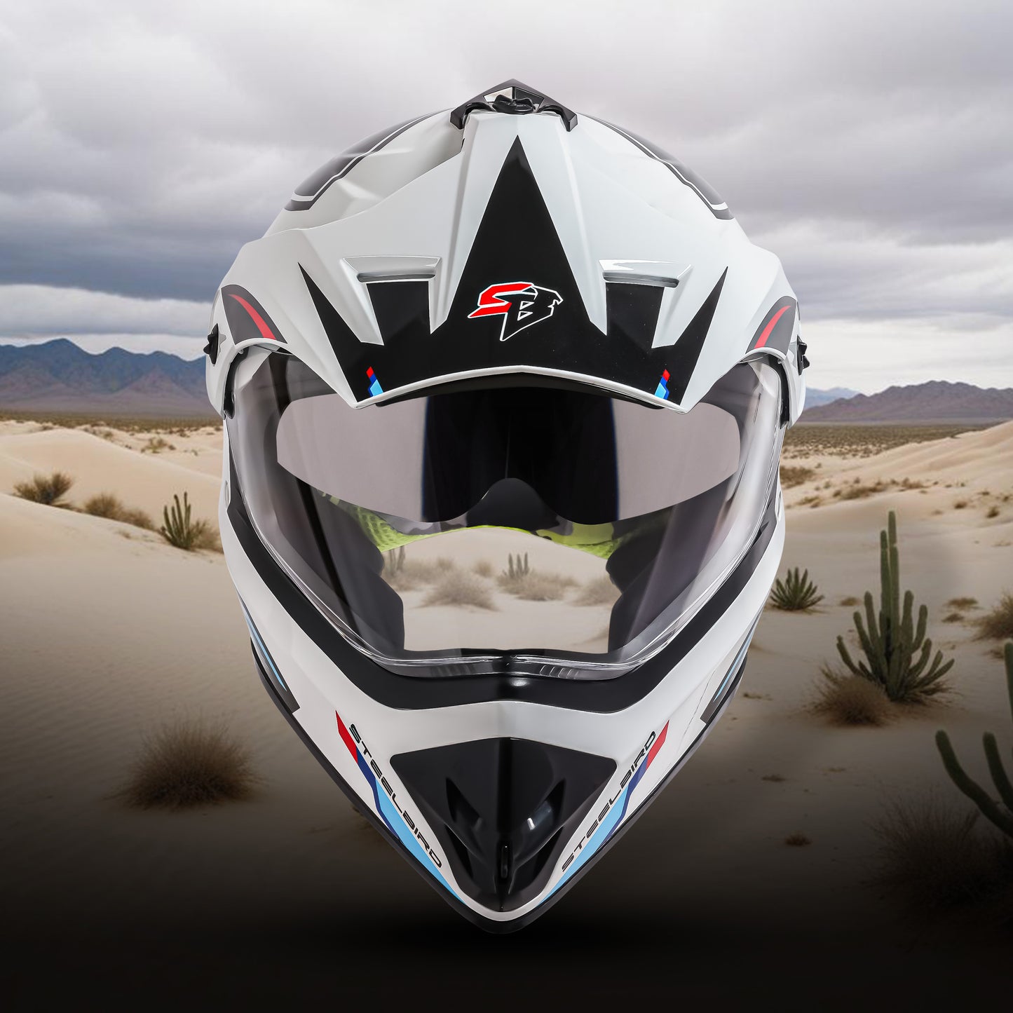 Steelbird Racer Off Road ISI Certified Motocross Double Visor Full Face Graphic Helmet Outer Clear Visor and Inner Silver Sun Shield (Glossy White Red)
