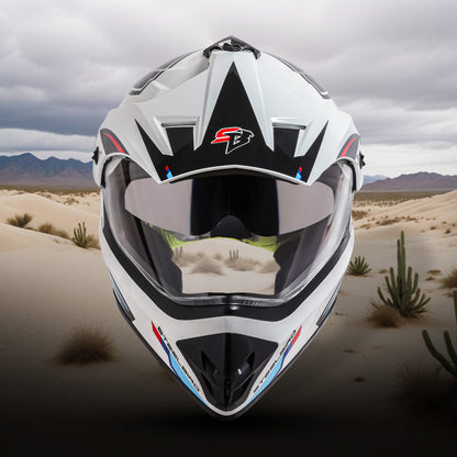 Steelbird Racer Off Road ISI Certified Motocross Double Visor Full Face Graphic Helmet Outer Clear Visor and Inner Silver Sun Shield (Glossy White Red)