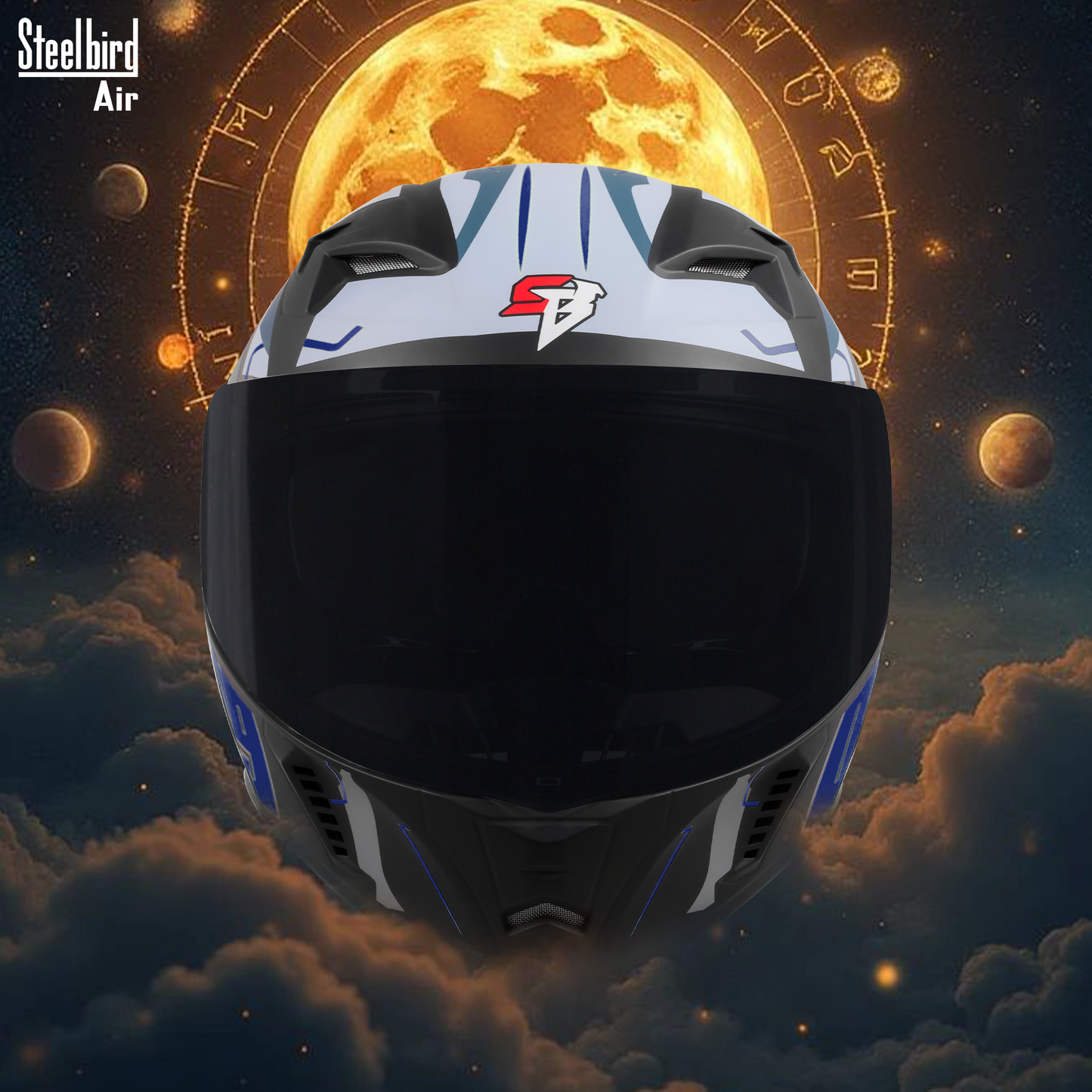 Steelbird SBA-20 03 ISI Certified Flip-Up Graphic Helmet for Men and Women with Inner Chrome Sun Shield.(Glossy Black Blue with Smoke Visor).