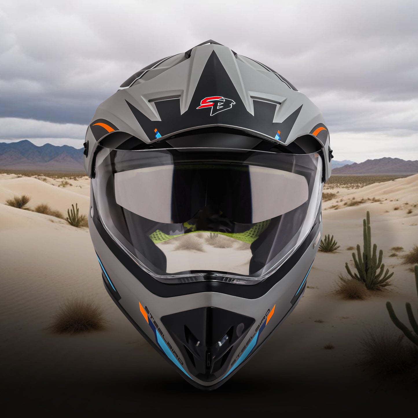 Steelbird Racer Off Road ISI Certified Motocross Double Visor Full Face Graphic Helmet Outer Clear Visor and Inner Silver Sun Shield (Glossy Grey Orange)