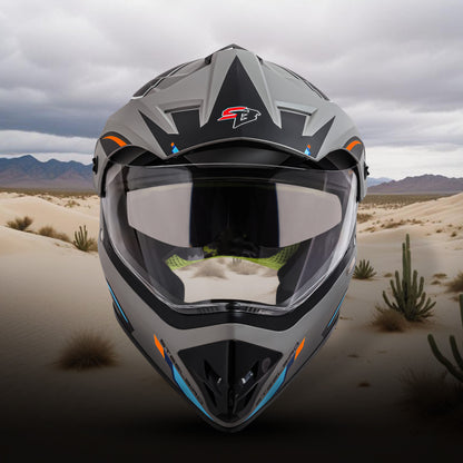 Steelbird Racer Off Road ISI Certified Motocross Double Visor Full Face Graphic Helmet Outer Clear Visor and Inner Silver Sun Shield (Glossy Grey Orange)