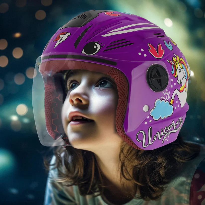 Steelbird SBA-6 Unicorn ISI Certified Open Face Graphic Helmet for Women and Kids (Matt Voilet with Clear Visor) Regular