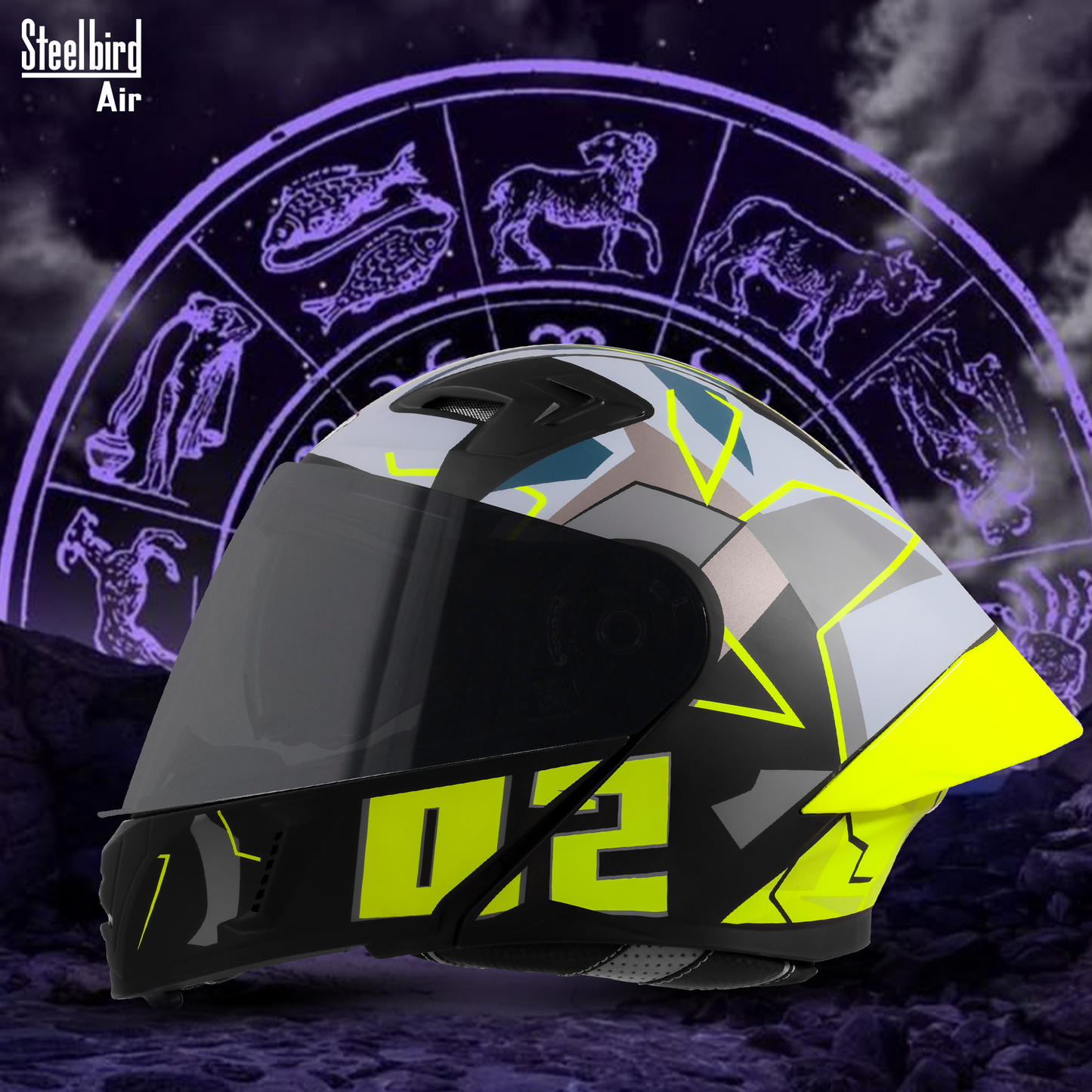 Steelbird SBA-20 02  ISI Certified Flip-Up Graphic Helmet for Men and Women with Inner Chrome Sun Shield .(Glossy Black Neon with Smoke Visor).