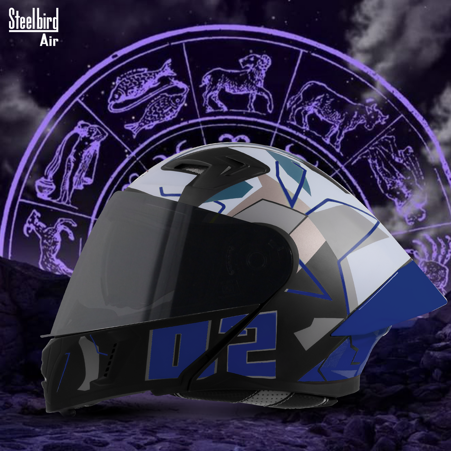 Steelbird SBA-20 02 ISI Certified Flip-Up Graphic Helmet for Men and Women with Inner Chrome Sun Shield.(Glossy Black Blue with Smoke Visor).