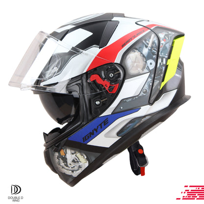 Ignyte IGN-4 Machine ISI/DOT Certified Full Face Graphic Helmet with Outer Anti-Fog Clear Visor and Inner Smoke Sun Shield (Glossy White Blue)