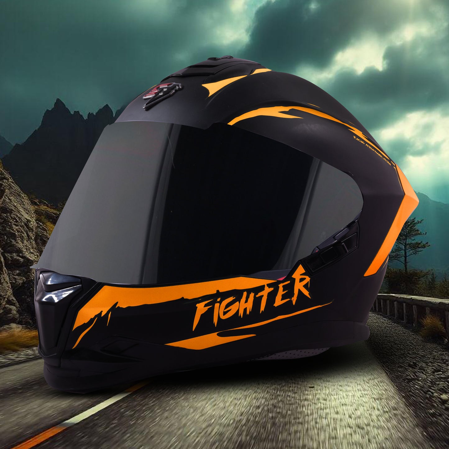 Steelbird SBH-57 Fighter F2 Graphic Helmet ISI and DOT Certified Full Face Helmet for Men with Inner Silver Sun Shield (Glossy Black Orange)