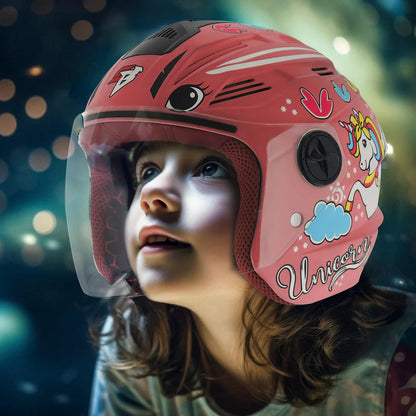 Steelbird SBA-6 Unicorn ISI Certified Open Face Graphic Helmet for Women and Kids (Matt Pink with Clear Visor) Regular