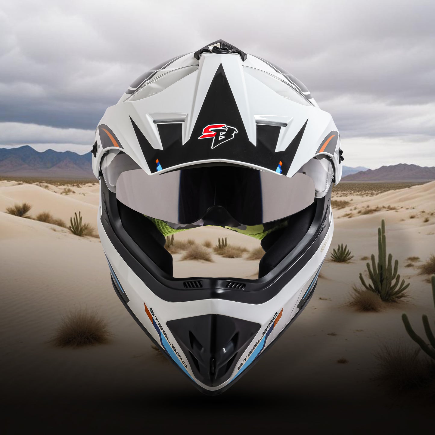 Steelbird Racer Off Road ISI Certified Motocross Double Visor Full Face Graphic Helmet Outer Clear Visor and Inner Silver Sun Shield (Glossy White Orange)