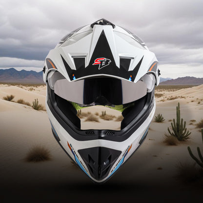 Steelbird Racer Off Road ISI Certified Motocross Double Visor Full Face Graphic Helmet Outer Clear Visor and Inner Silver Sun Shield (Glossy White Orange)
