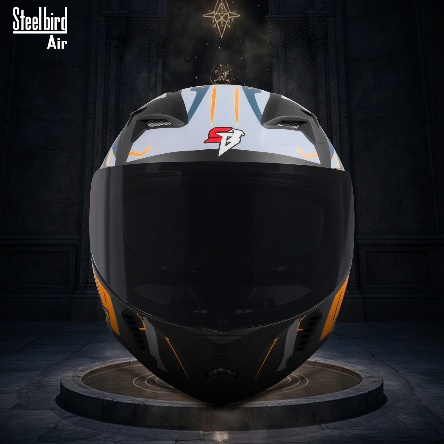 Steelbird SBA-20 07 ISI Certified Flip-Up Graphic Helmet for Men and Women with Inner Chrome Sun Shield .(Glossy Black Orange with Smoke Visor).