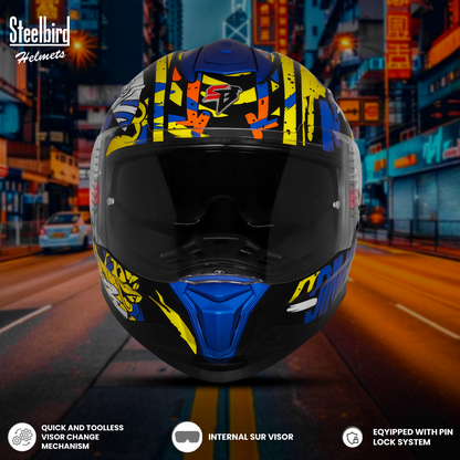 Steelbird SBH-57 Fighter F10 Graphic Helmet ISI and DOT Certified Full Face Helmet for Men with Inner Silver Sun Shield (Glossy Black Blue White)