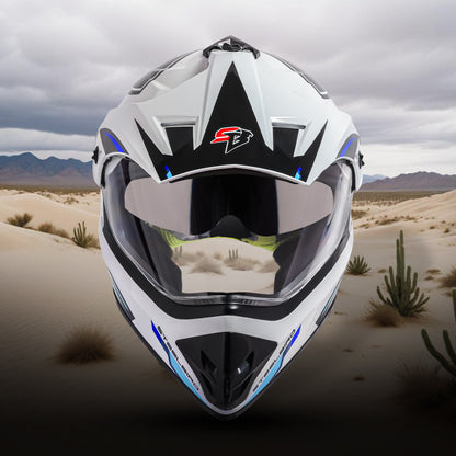 Steelbird Racer Off Road ISI Certified Motocross Double Visor Full Face Graphic Helmet Outer Clear Visor and Inner Silver Sun Shield (Glossy White Blue)