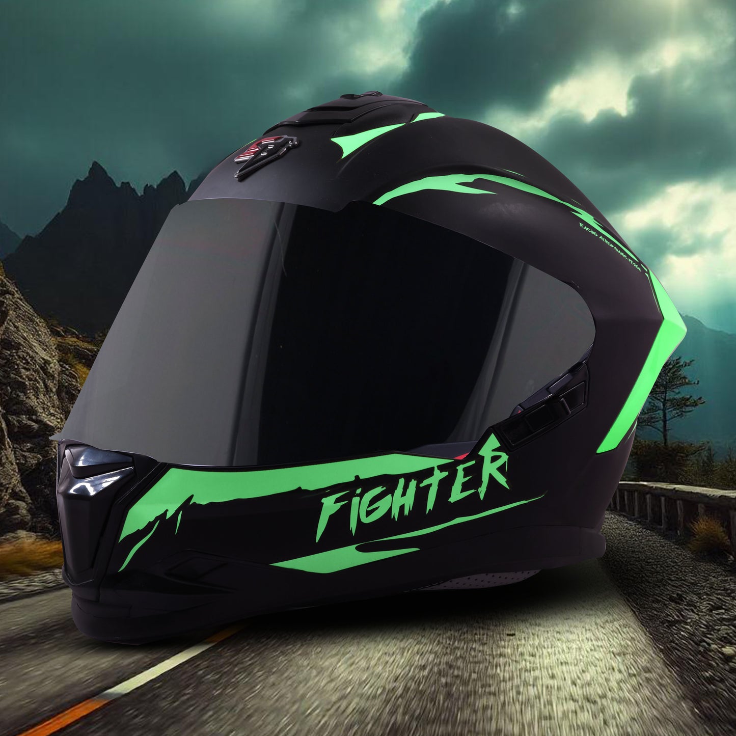 Steelbird SBH-57 Fighter F2 Graphic Helmet ISI and DOT Certified Full Face Helmet for Men with Inner Silver Sun Shield (Glossy Black Green))