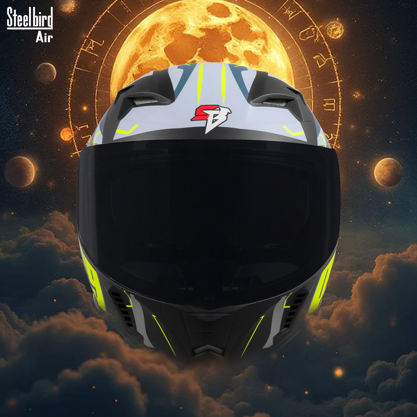 Steelbird SBA-20 03  ISI Certified Flip-Up Graphic Helmet for Men and Women with Inner Chrome Sun Shield .(Glossy Black Neon with Smoke Visor).