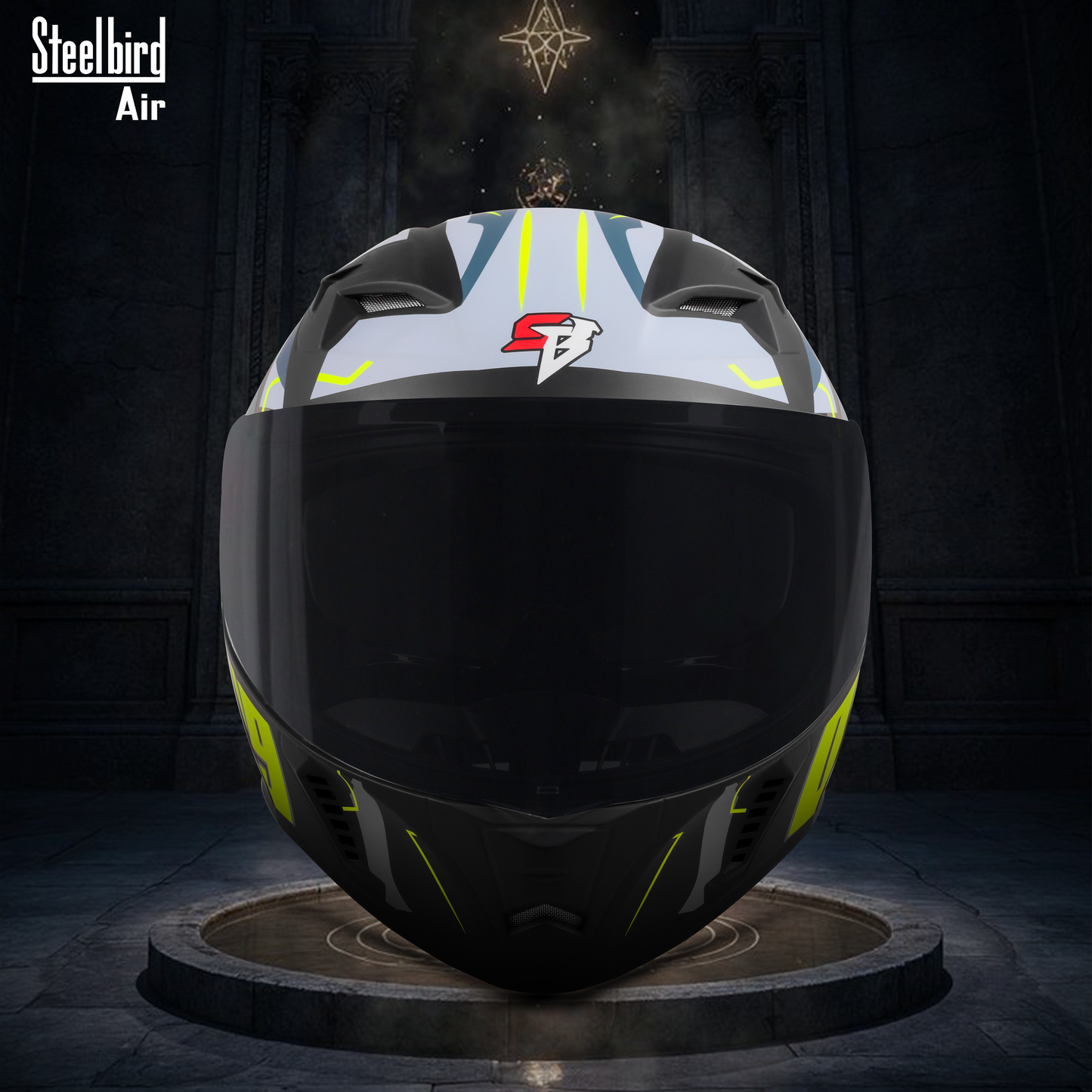 Steelbird SBA-20 07  ISI Certified Flip-Up Graphic Helmet for Men and Women with Inner Chrome Sun Shield .(Glossy Black Neon with Smoke Visor).