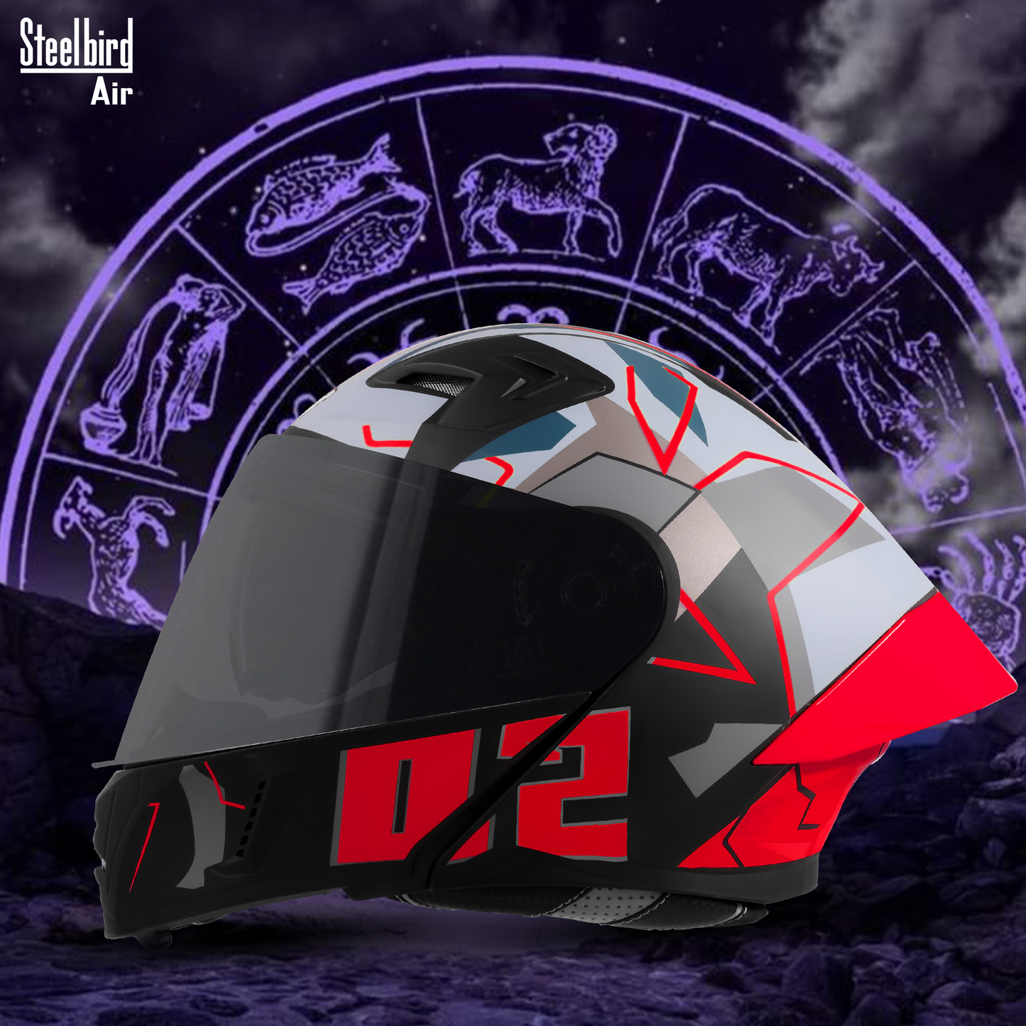 Steelbird SBA-20 02 ISI Certified Flip-Up Graphic Helmet for Men and Women with Inner Chrome Sun Shield .(Glossy Black Red with Smoke Visor).
