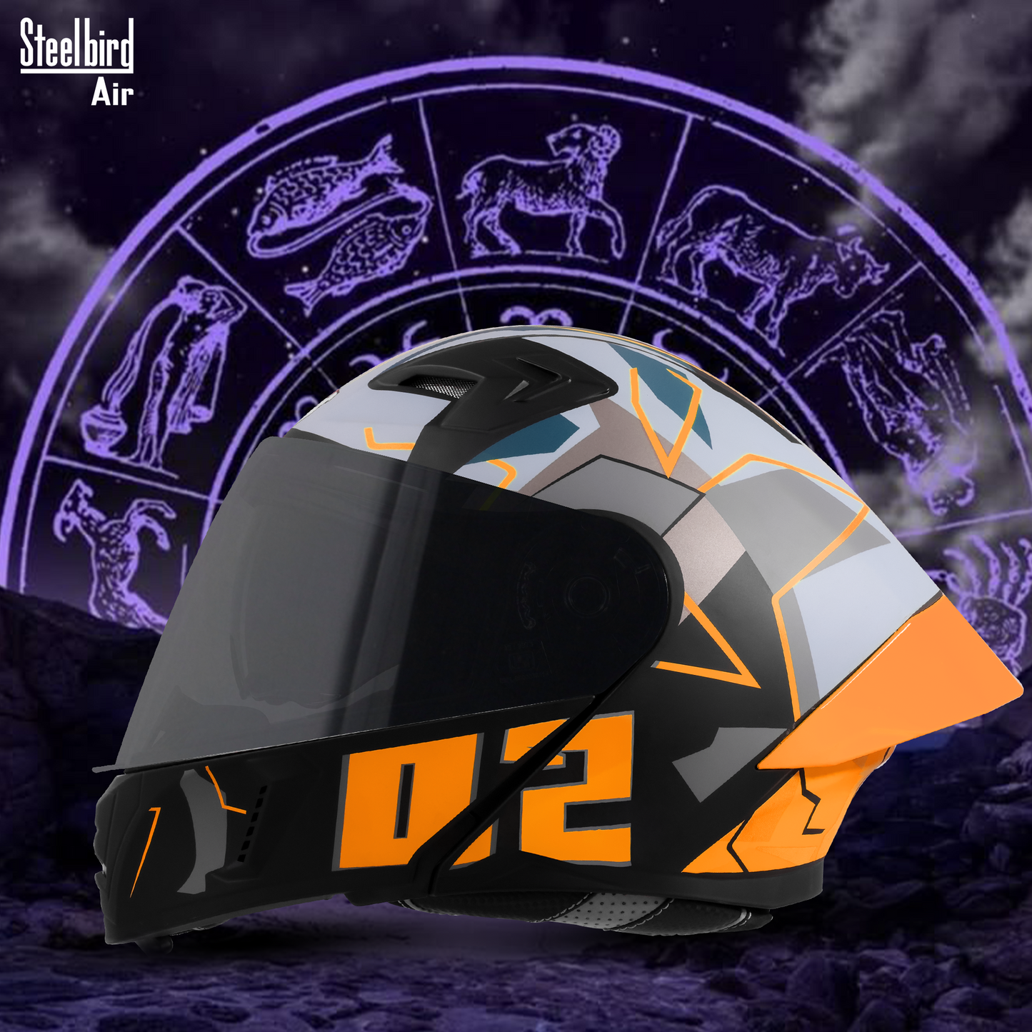Steelbird SBA-20 02 ISI Certified Flip-Up Graphic Helmet for Men and Women with Inner Chrome Sun Shield .(Glossy Black Orange with Smoke Visor)