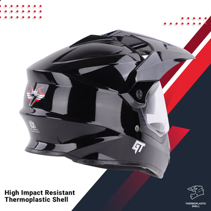 Steelbird GT Off Road ISI Certified Motocross Double Visor Full Face Helmet Outer Clear Visor and Inner Smoke Sun Shield.(Glossy Black)
