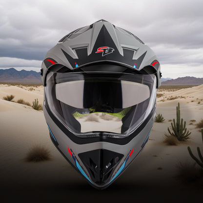 Steelbird Racer Off Road ISI Certified Motocross Double Visor Full Face Graphic Helmet Outer Clear Visor and Inner Silver Sun Shield (Glossy Grey Red)