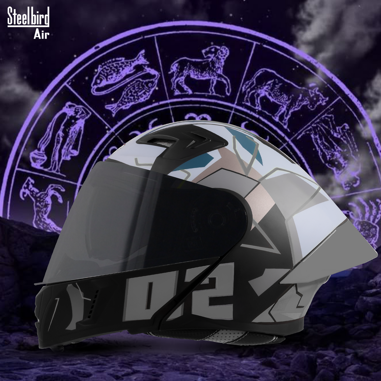 Steelbird SBA-20 02 ISI Certified Flip-Up Graphic Helmet for Men and Women with Inner Chrome Sun Shield .(Glossy Black Grey with Smoke Visor)