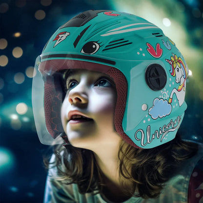 Steelbird SBA-6 Unicorn ISI Certified Open Face Graphic Helmet for Women and Kids (Matt Blue with Clear Visor) Regular