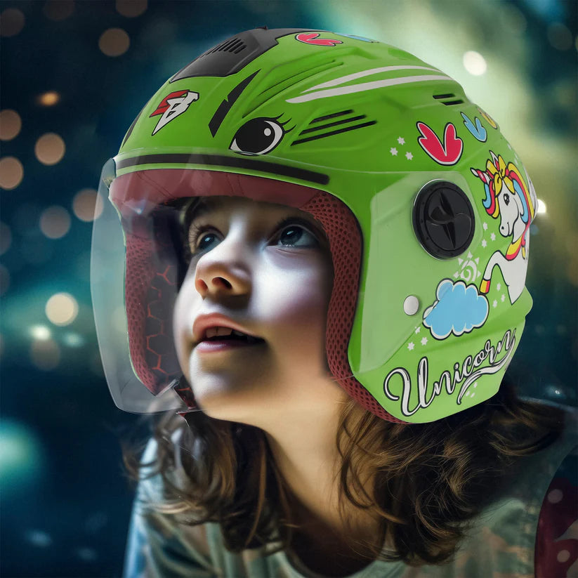 Steelbird SBA-6 Unicorn ISI Certified Open Face Graphic Helmet for Women and Kids (Matt Green with Clear Visor) Regular