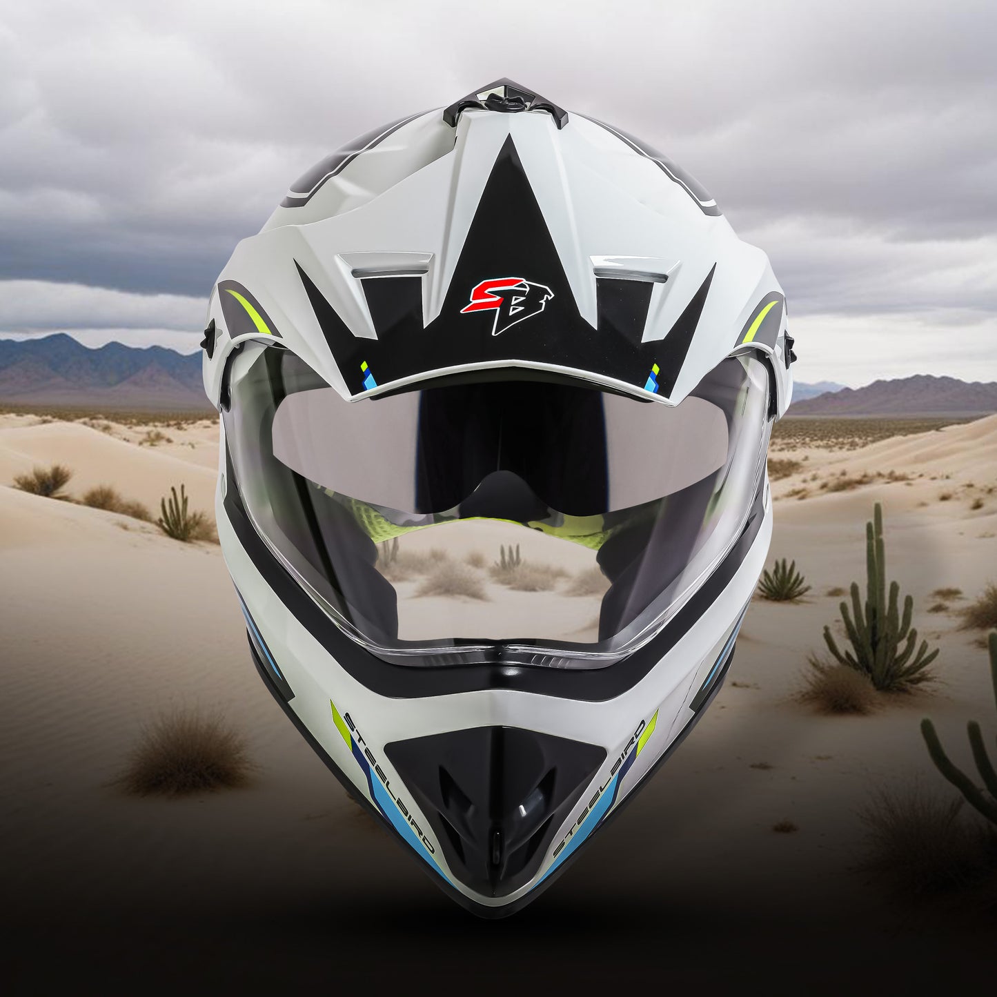 Steelbird Racer Off Road ISI Certified Motocross Double Visor Full Face Graphic Helmet Outer Clear Visor and Inner Silver Sun Shield (Glossy White Neon)