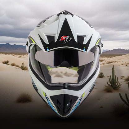 Steelbird Racer Off Road ISI Certified Motocross Double Visor Full Face Graphic Helmet Outer Clear Visor and Inner Silver Sun Shield (Glossy White Neon)