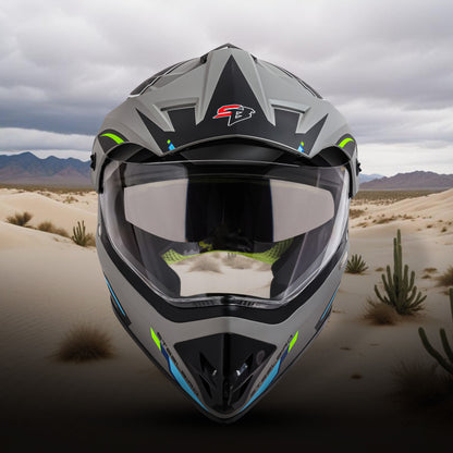 Steelbird Racer Off Road ISI Certified Motocross Double Visor Full Face Graphic Helmet Outer Clear Visor and Inner Silver Sun Shield (Glossy Grey Green)