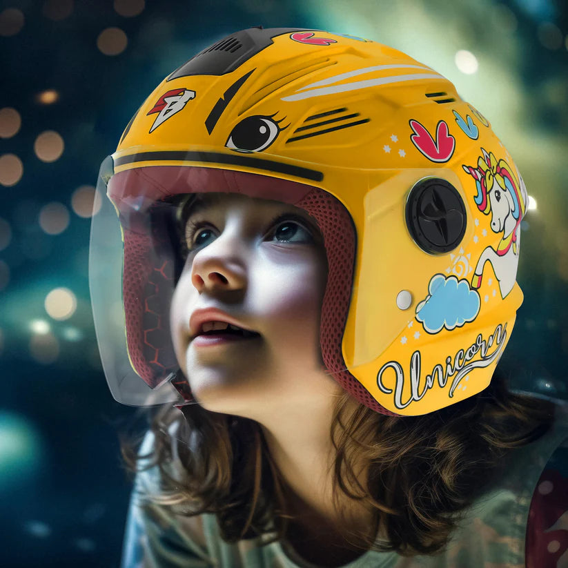 Steelbird SBA-6 Unicorn ISI Certified Open Face Graphic Helmet for Women and Kids (Matt Yellow with Clear Visor) Regular