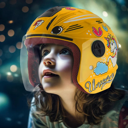 Steelbird SBA-6 Unicorn ISI Certified Open Face Graphic Helmet for Women and Kids (Matt Yellow with Clear Visor) Regular