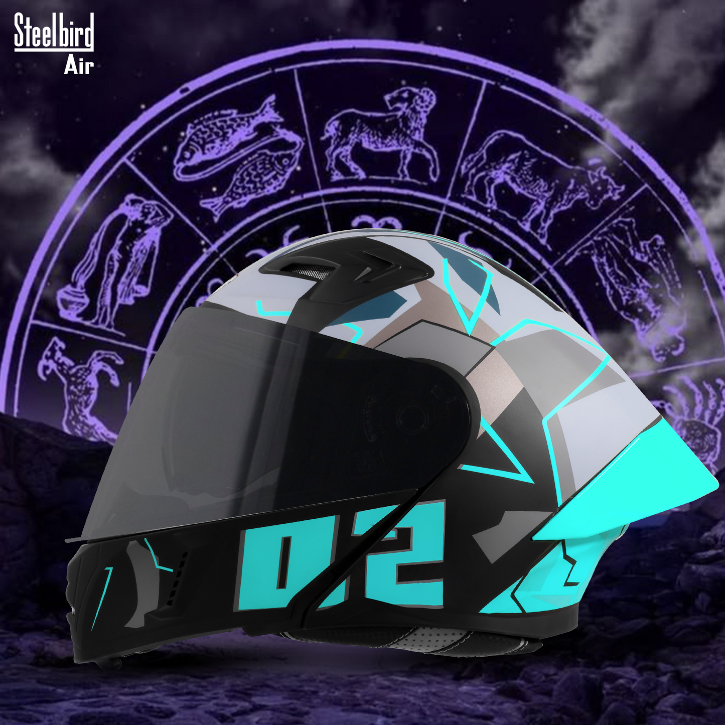 Steelbird SBA-20 02 ISI Certified Flip-Up Graphic Helmet for Men and Women with Inner Chrome Sun Shield. (Glossy Black Jazz Blue with Smoke Visor)