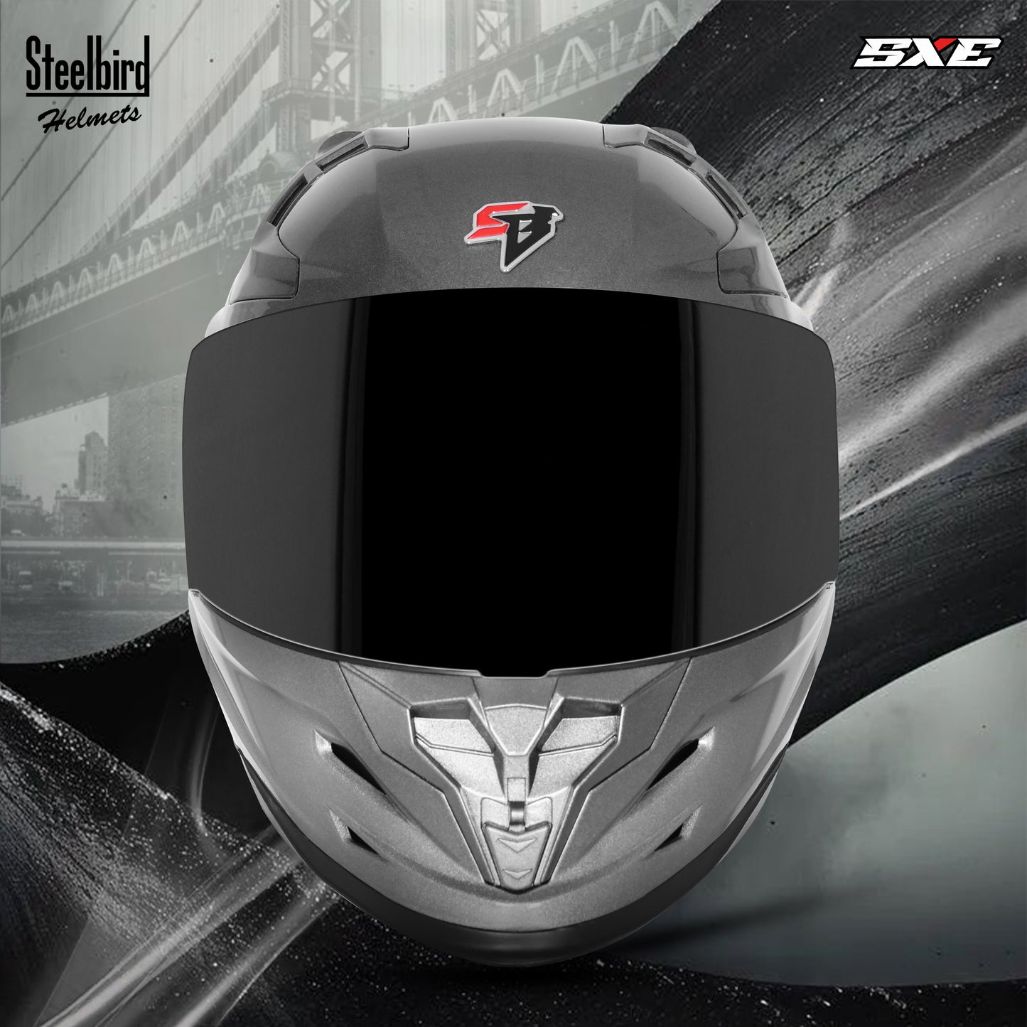 Steelbird SBH-61 SXE TPE Edition ISI and Dot Certified Full Face Helmet for Men with Inner Silver Sunshield . Clear With Smoke Visor.