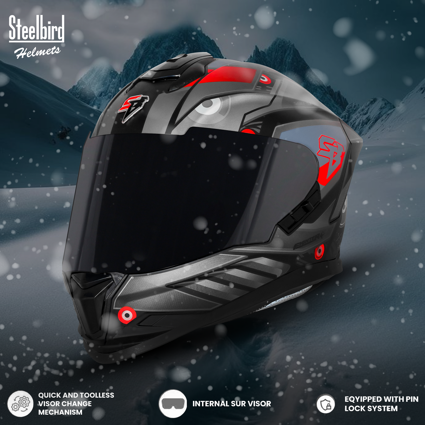 Steelbird SBH-57 Fighter F8 ISI and DOT Certified Full Face Graphic Helmet for Men and Women with Inner Silver Sun Shield