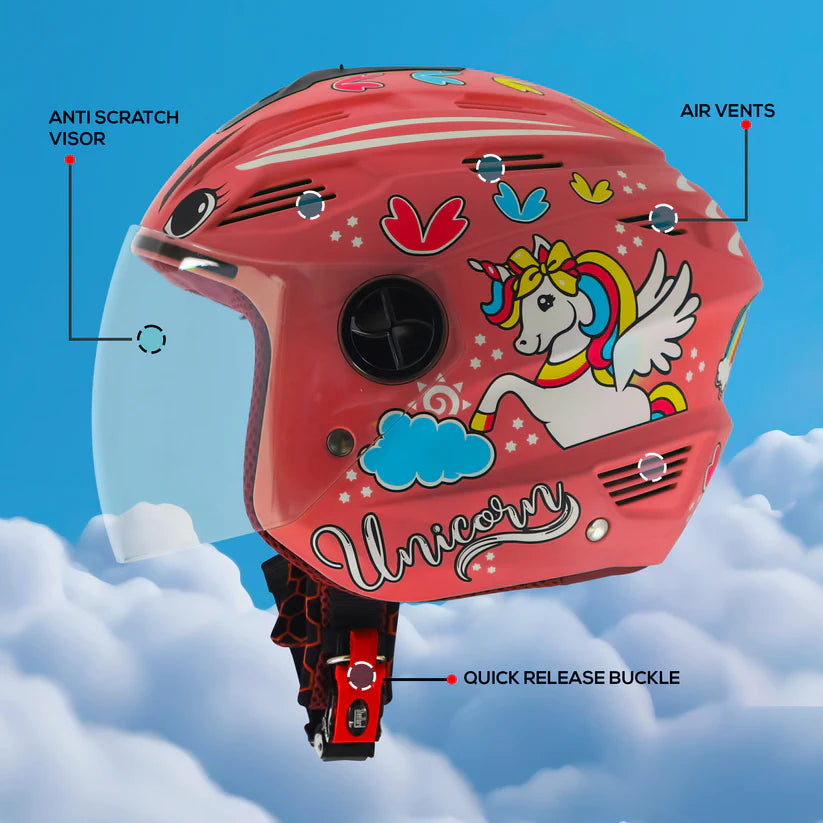 Steelbird SBA-6 Unicorn ISI Certified Open Face Graphic Helmet for Women and Kids (Matt Pink with Clear Visor) Regular
