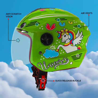 Steelbird SBA-6 Unicorn ISI Certified Open Face Graphic Helmet for Women and Kids (Matt Green with Clear Visor) Regular
