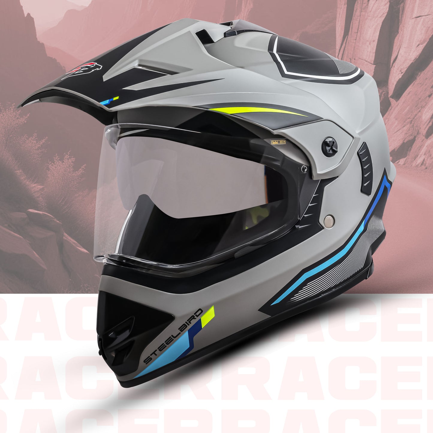 Steelbird Racer Off Road ISI Certified Motocross Double Visor Full Face Graphic Helmet Outer Clear Visor and Inner Silver Sun Shield (Glossy Grey Neon)