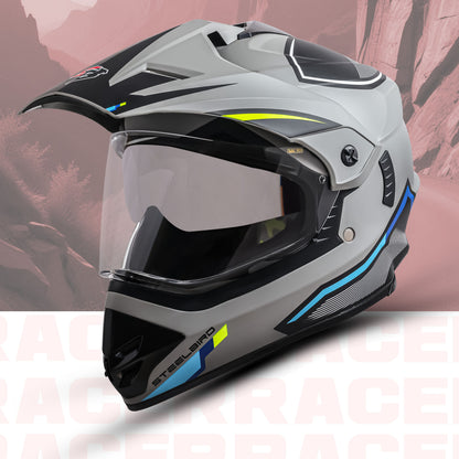 Steelbird Racer Off Road ISI Certified Motocross Double Visor Full Face Graphic Helmet Outer Clear Visor and Inner Silver Sun Shield (Glossy Grey Neon)