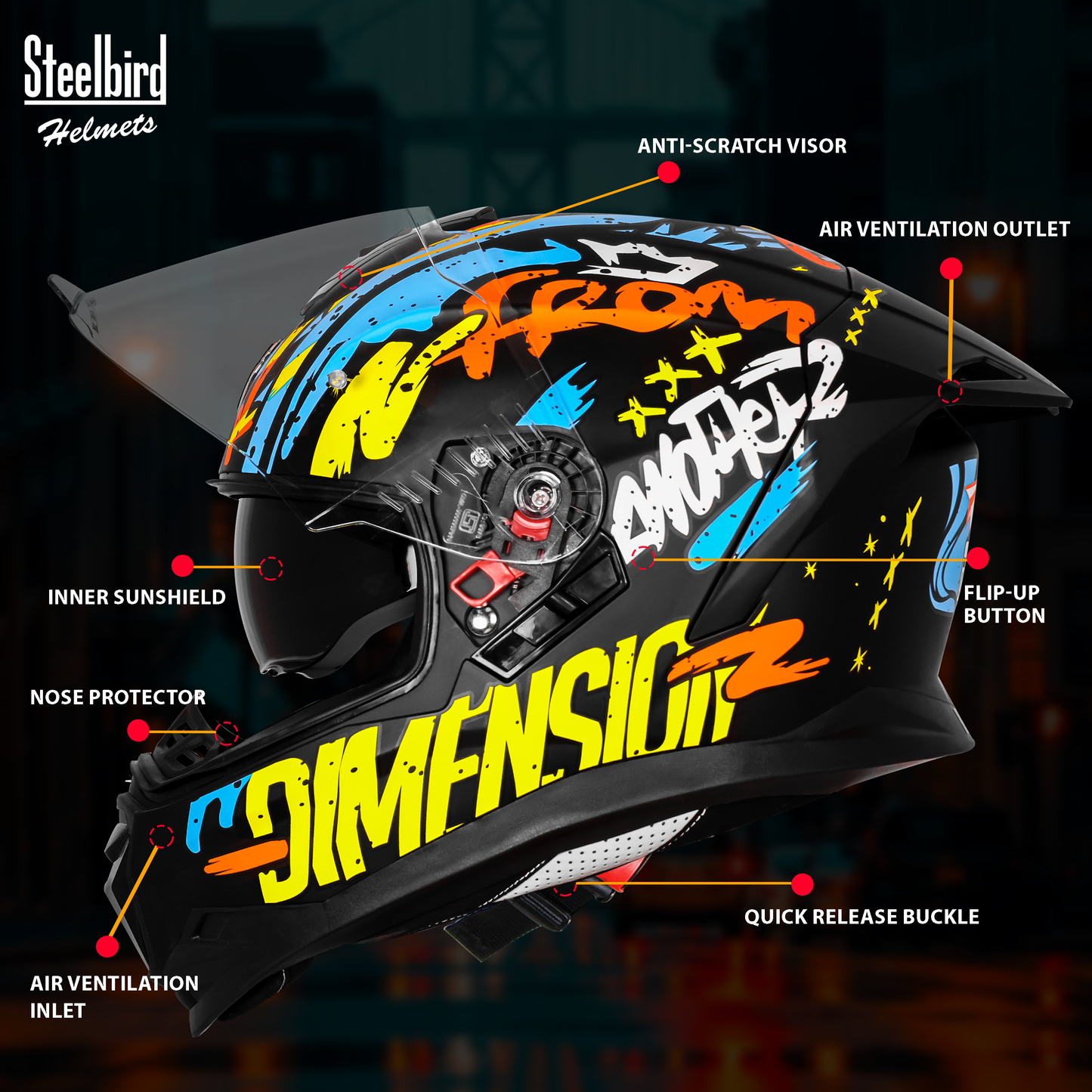 Steelbird SBH-57 Fighter F10 Graphic Helmet ISI and DOT Certified Full Face Helmet for Men with Inner Silver Sun Shield (Glossy Black Neon Orange)