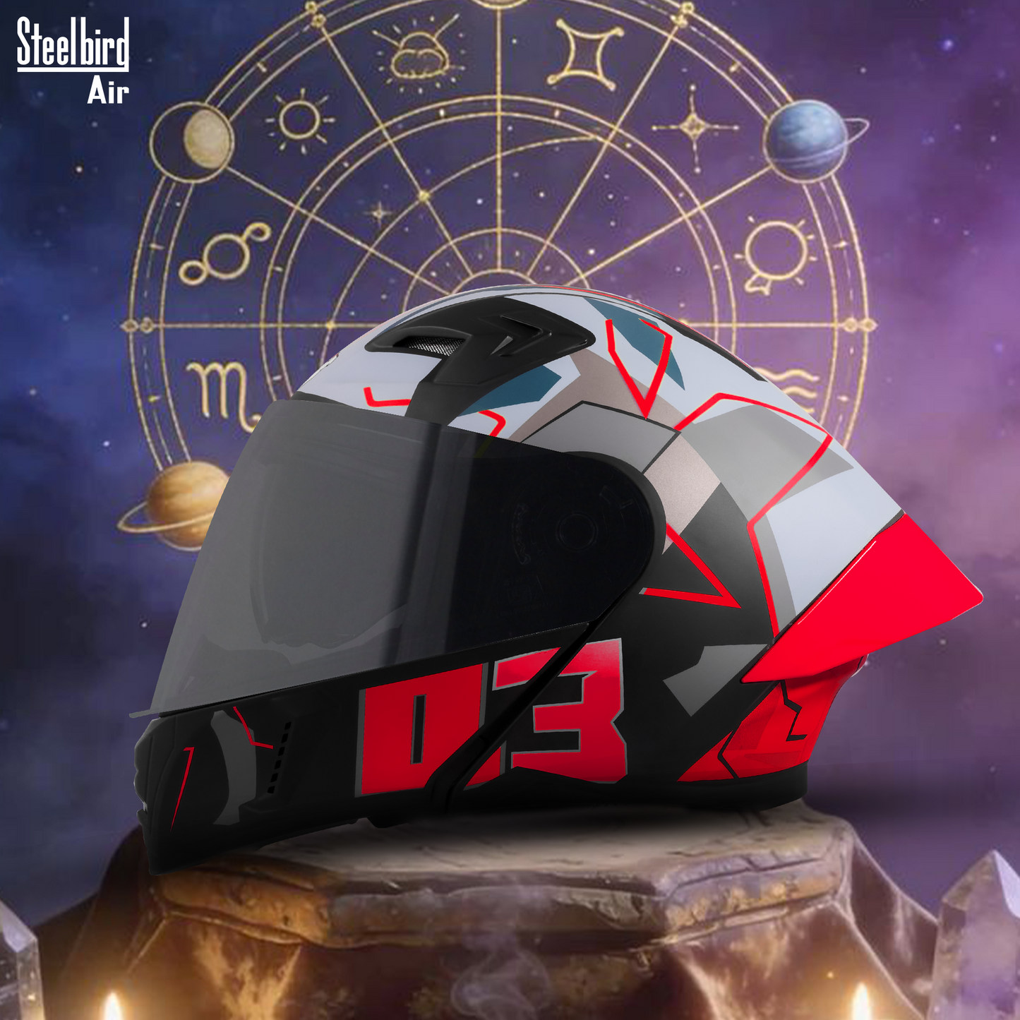 Steelbird SBA-20 03 ISI Certified Flip-Up Graphic Helmet for Men and Women with Inner Chrome Sun Shield .(Glossy Black Red with Smoke Visor).