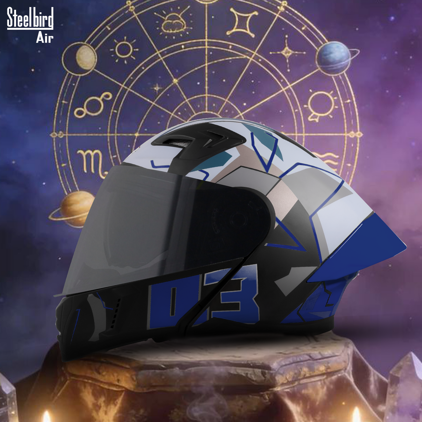 Steelbird SBA-20 03 ISI Certified Flip-Up Graphic Helmet for Men and Women with Inner Chrome Sun Shield.(Glossy Black Blue with Smoke Visor).
