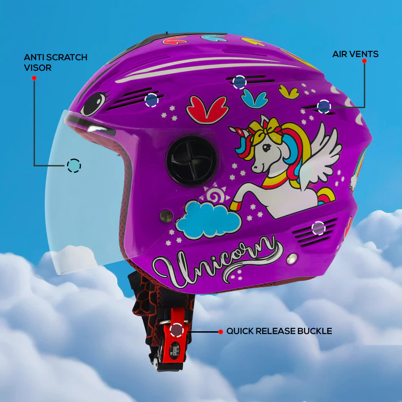 Steelbird SBA-6 Unicorn ISI Certified Open Face Graphic Helmet for Women and Kids (Matt Voilet with Clear Visor) Regular