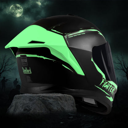 Steelbird SBH-57 Fighter F2 Graphic Helmet ISI and DOT Certified Full Face Helmet for Men with Inner Silver Sun Shield (Glossy Black Green))
